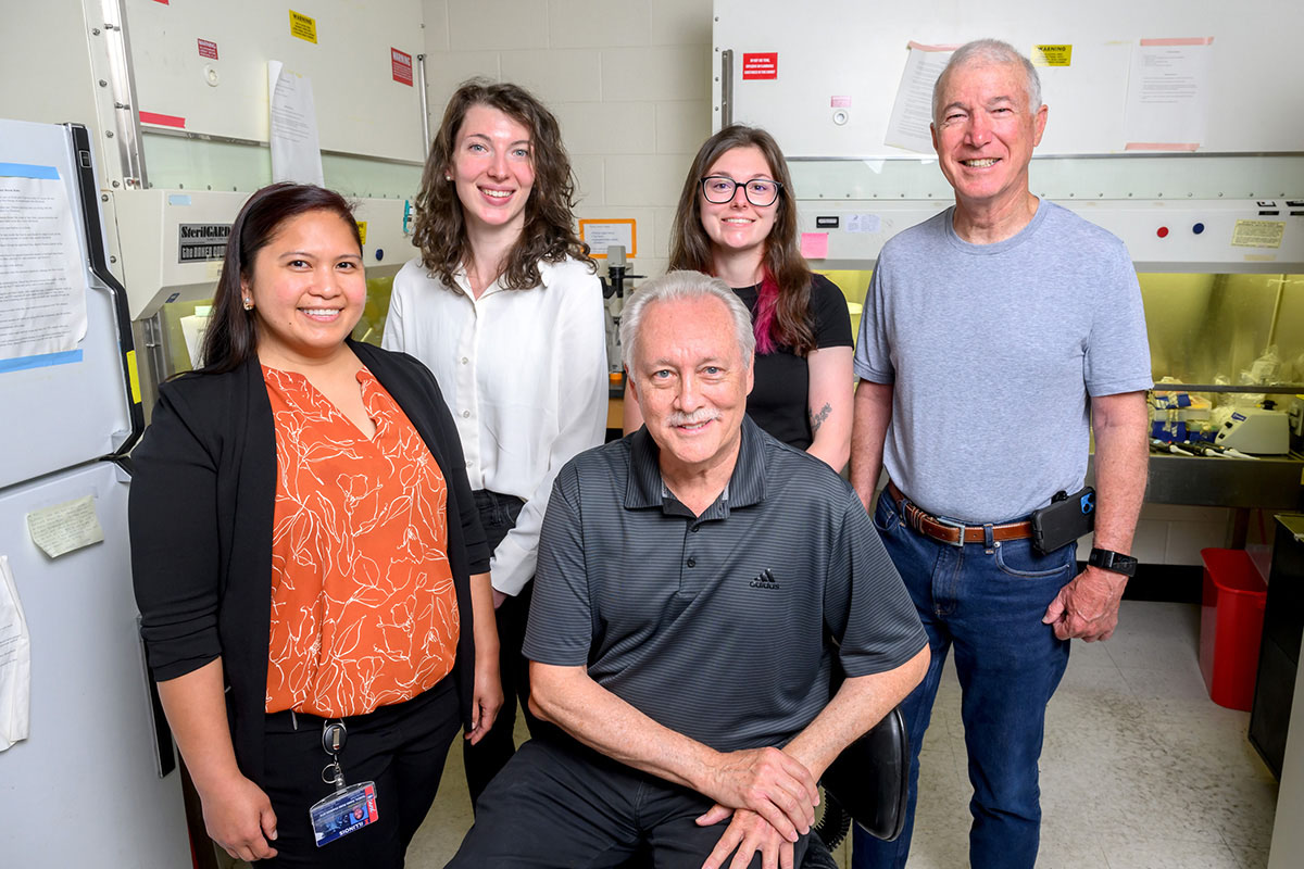 A cross-disciplinary research team from the University of Illinois Urbana-Champaign demonstrated a CAR-T immune therapy effective at attacking late-stage ovarian cancer in mice with a single dose, providing evidence that CAR-T therapies could effectively treat solid-tumor cancers. Pictured, from front left: postdoctoral researcher Diana Rose Ranoa, graduate student Claire Schane, professor emeritus of biochemistry David Kranz (front center), researcher Amber Lewis and professor emeritus of pathology Edward Roy.
