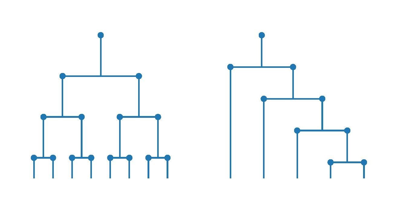 Left: A balanced phylogenetic tree. Right: A maximally unbalanced phylogenetic tree. In both panels time runs from top to bottom and the nodes represent species. The lines connecting them represent the number of mutations in DNA associated with the gene that is being studied.