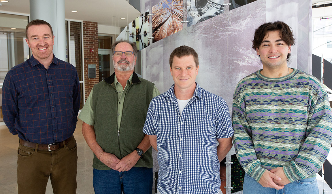 From left, Brendan Harley, Rex Gaskins, Andrew Steelman, and Payton Haak studied the role of the mitochondrial protein CHCHD2 in glioblastoma.