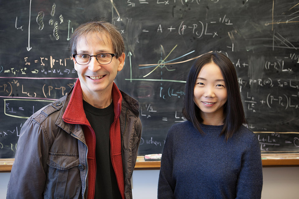 U of I Swanlund Professor of Physics Nigel Goldenfeld (left) works with colleague Chi Xue (right) at the Carl R. Woese Institute for Genomic Biology.