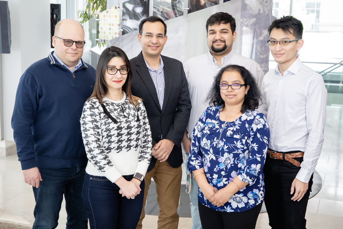Researchers determined key molecular events that lead to heart abnormalities in myotonic dystrophy. The team included, from left, bioengineering professor Lawrence Dobrucki, postdoctoral fellow Jamila Hedhli, biochemistry professor Auinash Kalsotra, graduate student Sushant Bangru, research scientist Chaitali Misra and graduate student Kin Lam.