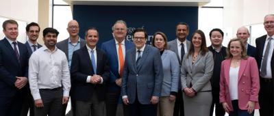 A newly established partnership between the OSF Healthcare Cancer Institute in Peoria, IL and the Cancer Center at Illinois, called Breakthrough and Advanced Treatment of (BEAT) Cancer Initiative, facilitates collaboration to improve cancer diagnostics, treatment, and prevention. Dr. Timothy Fan, fourth from left, is shown here at the BEAT Cancer kickoff, hosted by the College of Veterinary Medicine.
