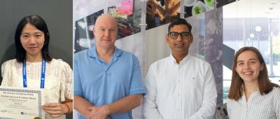 Left image: First author of the study Xuenan Mi received an award in 2024 for her work on LassoESM. Right image: Professor Doug Mitchell, Professor Diwakar Shukla, and Susanna Barrett 