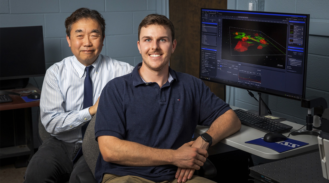 Engineered tumor models may be too stiff, as a study led by Illinois professor Bumsoo Han, left, and graduate student Seamus Mellican found that increased collagen and fibrin proteins characteristic of tumor environments actually make tissue softer. Photo by Michelle Hassel