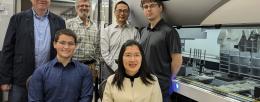 Front row, Graduate Student Seth Croslow and Research Scientist Jia Dong. Back row, from left: Co-PIs Mathew Hudson, Jonathan Sweedler, Huimin Zhao and Biofoundry Manager Stephan Lane.
