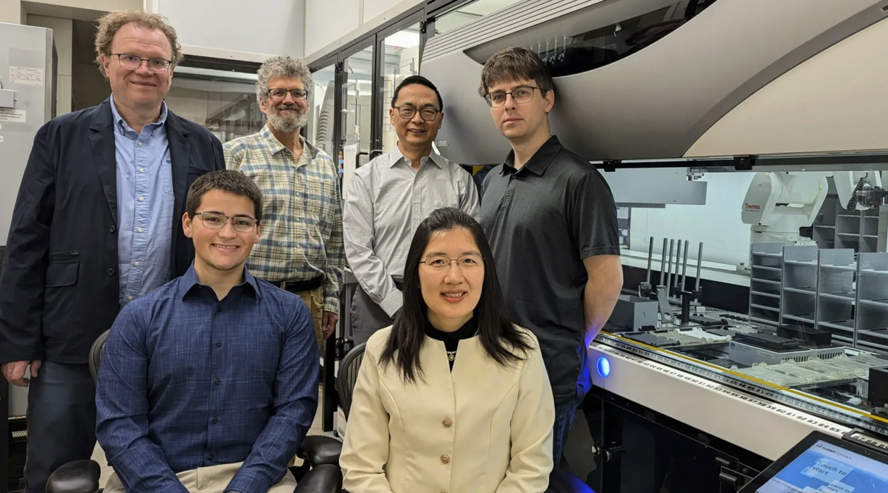 Front row, Graduate Student Seth Croslow and Research Scientist Jia Dong. Back row, from left: Co-PIs Mathew Hudson, Jonathan Sweedler, Huimin Zhao and Biofoundry Manager Stephan Lane.