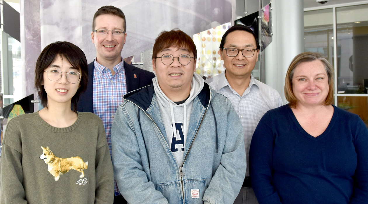 The research team included: first row, left to right, Ivy (Wuying) Tang, first author Harry (Shih-I) Tan, and Teresa Martin; back row, CABBI co-PIs Jeremy Guest (left) and Huimin Zhao. / Julie Wurth