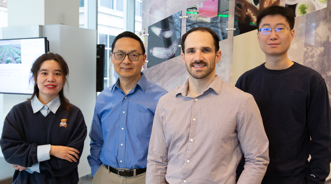The research team included (from left) Postdoctoral Researcher Yujie Yuan, Professor of Chemical and Biomolecular Engineering Huimin Zhao, PhD student Wesley Harrison, Postdoctoral Researcher Zhengyi Zhang, and Postdoctoral Researcher Maolin Li (not pictured)