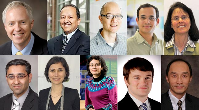 ONC-PM theme members include (from top left) theme leader Brian Cunningham (Electrical and Computer Engineering, Bioengineering); Rashid Bashir (Bioengineering); Timothy M. Fan (Veterinary Clinical Medicine); Auinash Kalsotra (Biochemistry); Benita S. Katzenellenbogen (Molecular & Integrative Physiology); Manish Kohli (Medical Oncology, Mayo Clinic); Zeynep Madak-Erdogan (Food Science  and Human Nutrition); Olgica Milenkovic (Electrical and Chemical Engineering); Andrew Smith (Bioengineering); and Liang Wang (Pathology, Medical College of Wisconsin)
