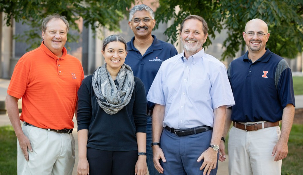 Members of the Illinois CROPPS team. From left: Stephen Moose, crop sciences; Cabral Bigman-Galimore, communication; Vikram Adve, computer science; German Bollero, crop sciences; and Anthony Studer, crop sciences