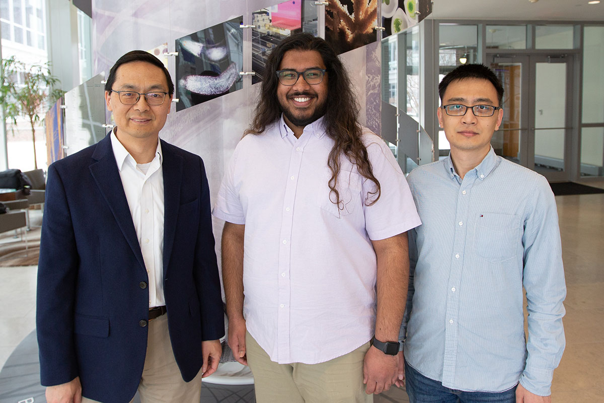 From left, Huimin Zhao, Steven L. Miller Chair of Chemical and Biomolecular Engineering, Shravan Dommaraju, PhD candidate, and Hengqian Ren, postdoctoral researcher. 