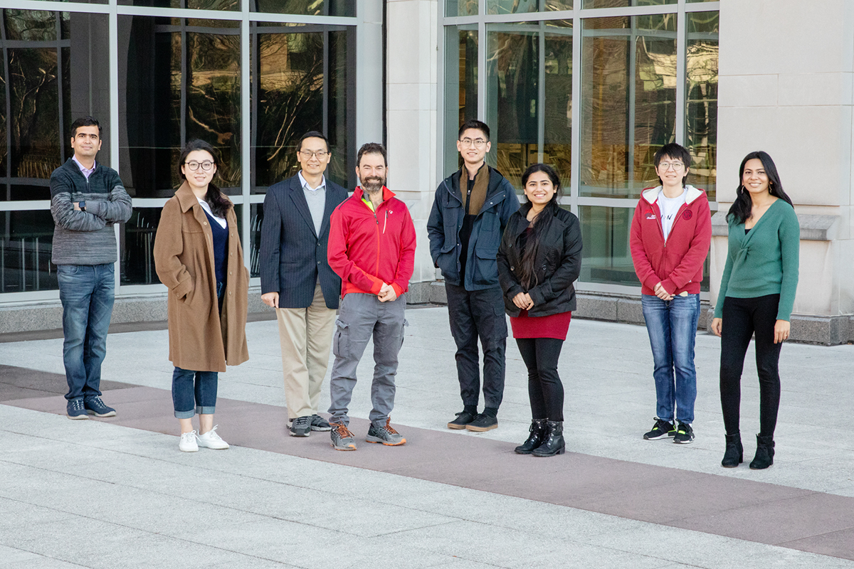 The research team included, from left, postdoctoral researcher Saurabh Shukla, graduate student Che Yang, chemical and biomolecular engineering professor Huimin Zhao, physics professor Paul Selvin, graduate student Meng Zhang, postdoctoral researcher Zia Fatma, graduate student Xiong Xiong, and Surbhi Jain, a former doctoral student at the U. of I. who is now a group lead in cancer biology at Northwestern University. Composite image from separate photos, in compliance with COVID-19 safety protocols.
