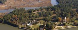 An aerial view of James Island and James Fort. The Jamestown colony was established in Tsenacomoco, the Algonquian name for the Powhatan chiefdom in the tidewater areas of the Chesapeake Bay and later became the Commonwealth of Virginia. / Jamestown Rediscovery