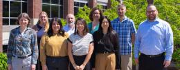 IGB Communications and Outreach team includes (front row left to right) Claudia Lutz, Corinne Campbell, Mirhee Lee, Sarah Choi, and Danny Ryerson, and (back row, left to right) Catharine Brady, Nicholas Vasi, Julia Pollack, and Daniel Urban. / Isaac Mitchell