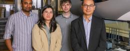 With AI to guide enzyme improvement and automated synthetic biology to rapidly make and test new variants, Illinois researchers developed a user-friendly system to drastically improve enzyme performance. Pictured, from left: Nilmani Singh, Jingxia Lu, Stephen Lane and Professor Huimin Zhao. 