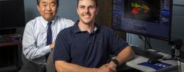 Engineered tumor models may be too stiff, as a study led by Illinois professor Bumsoo Han, left, and graduate student Seamus Mellican found that increased collagen and fibrin proteins characteristic of tumor environments actually make tissue softer. Photo by Michelle Hassel