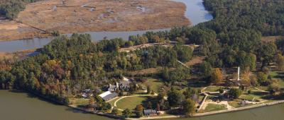 An aerial view of James Island and James Fort. The Jamestown colony was established in Tsenacomoco, the Algonquian name for the Powhatan chiefdom in the tidewater areas of the Chesapeake Bay and later became the Commonwealth of Virginia. / Jamestown Rediscovery