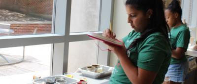 Campers take notes on their plant growth experiment results.