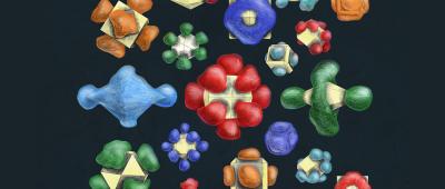 With atomic stenciling, researchers have made a variety of patterned patchy nanoparticles with new shapes and properties. Illustration by Maayan Harel