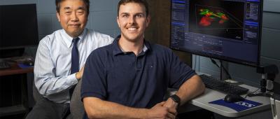 Engineered tumor models may be too stiff, as a study led by Illinois professor Bumsoo Han, left, and graduate student Seamus Mellican found that increased collagen and fibrin proteins characteristic of tumor environments actually make tissue softer. Photo by Michelle Hassel