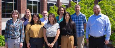 IGB Communications and Outreach team includes (front row left to right) Claudia Lutz, Corinne Campbell, Mirhee Lee, Sarah Choi, and Danny Ryerson, and (back row, left to right) Catharine Brady, Nicholas Vasi, Julia Pollack, and Daniel Urban. / Isaac Mitchell